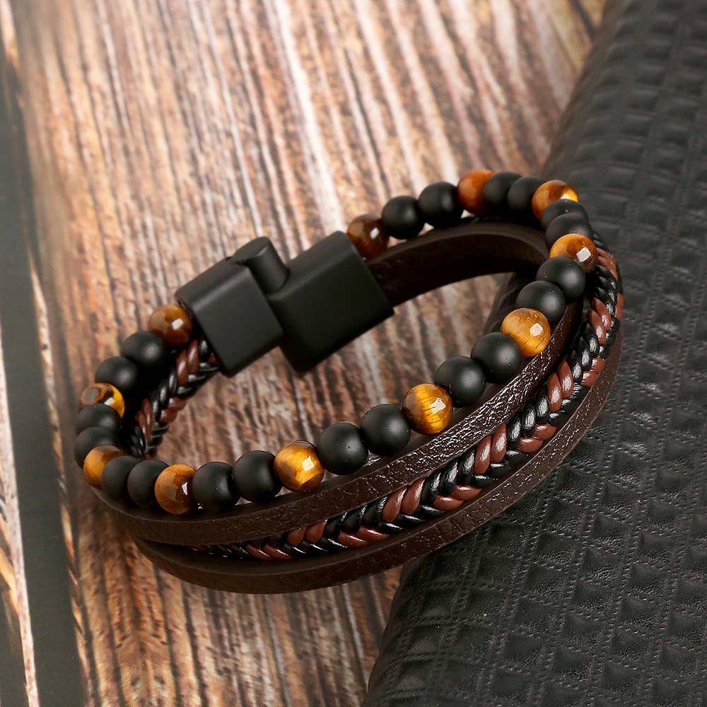 Gemstone Men's Leather Bracelets - 8 Pcs