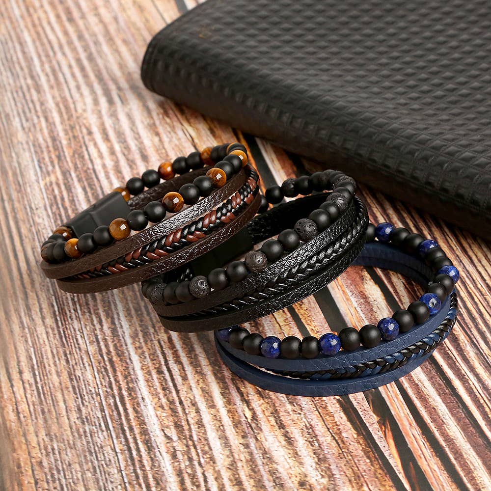 Gemstone Men's Leather Bracelets - 8 Pcs