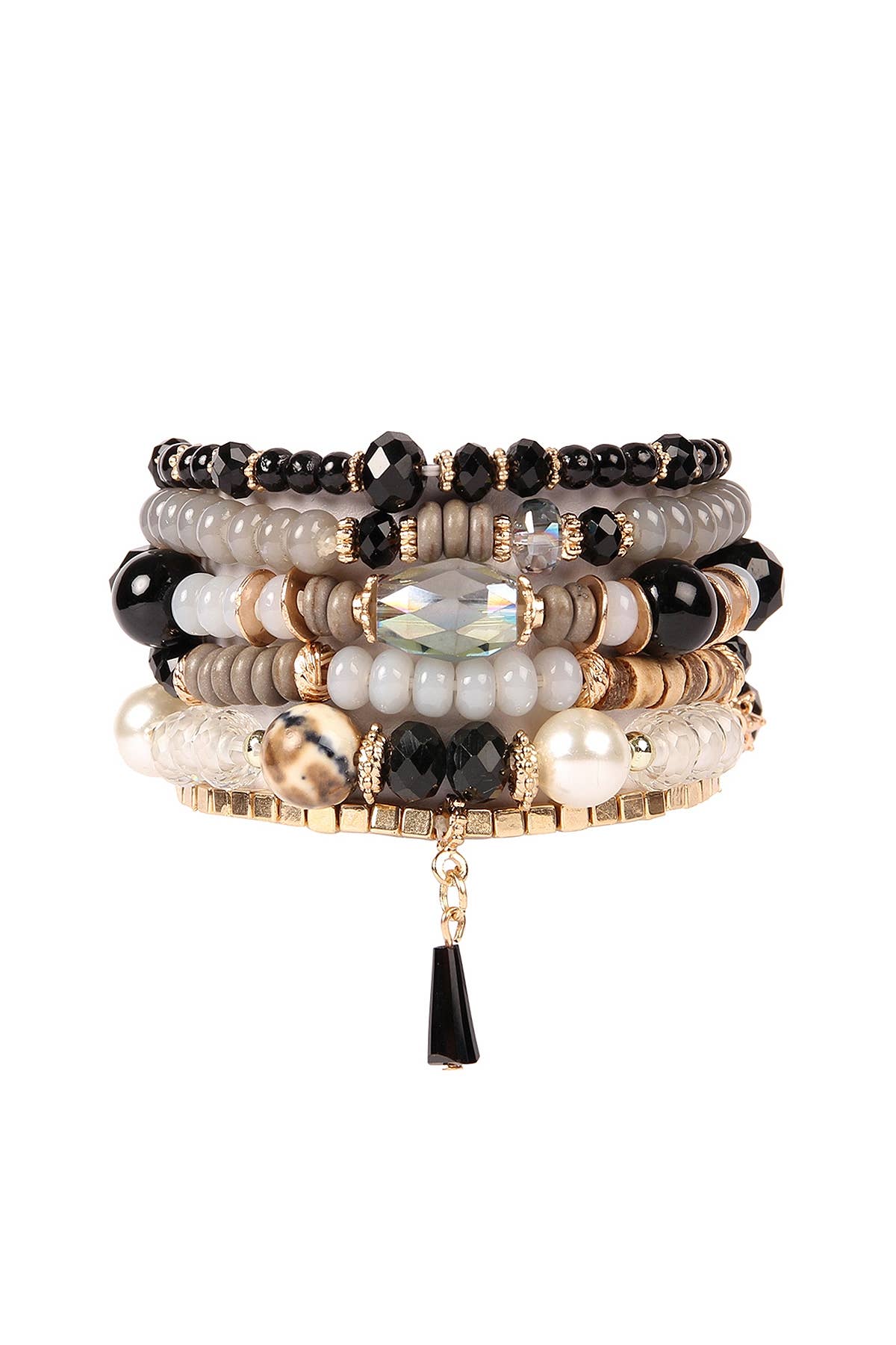 MULTI-STONE BEADS STACKABLE BRACELETS: BLACK / ONE SIZE