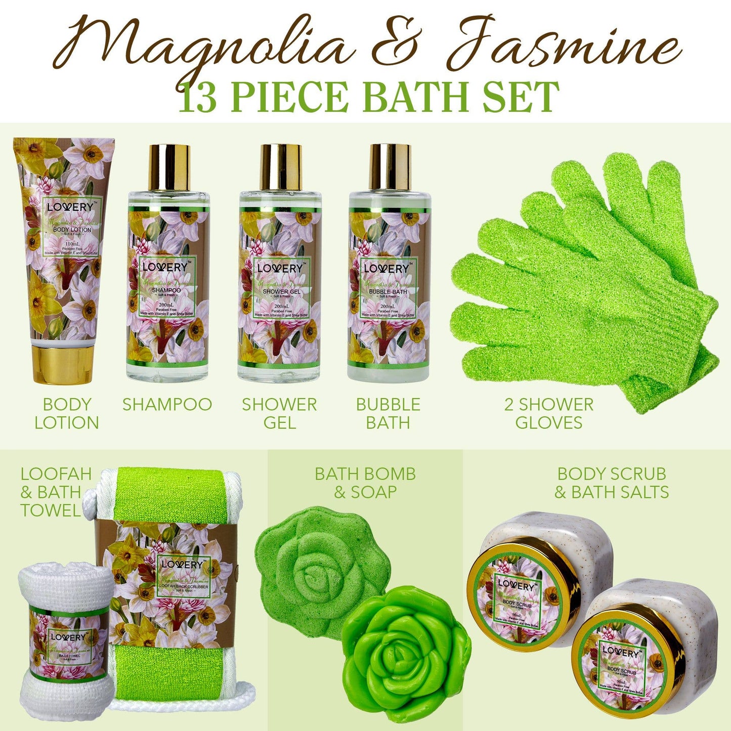 Home Spa Gift Baskets - Magnolia & Jasmine - 13pc Bath set