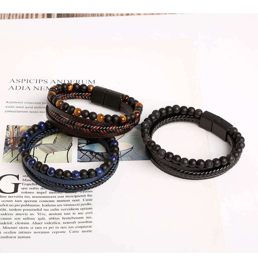 Gemstone Men's Leather Bracelets - 8 Pcs