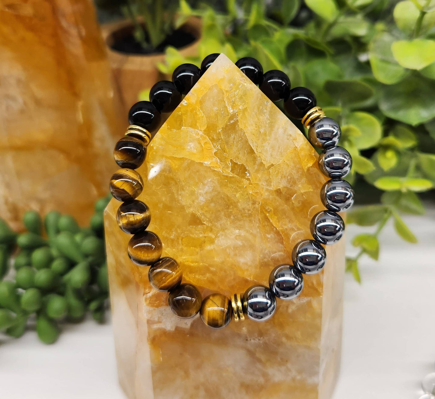 TRIPLE PROTECTION- Hematite/Tiger Eye/Blk Obsidian Bracelet