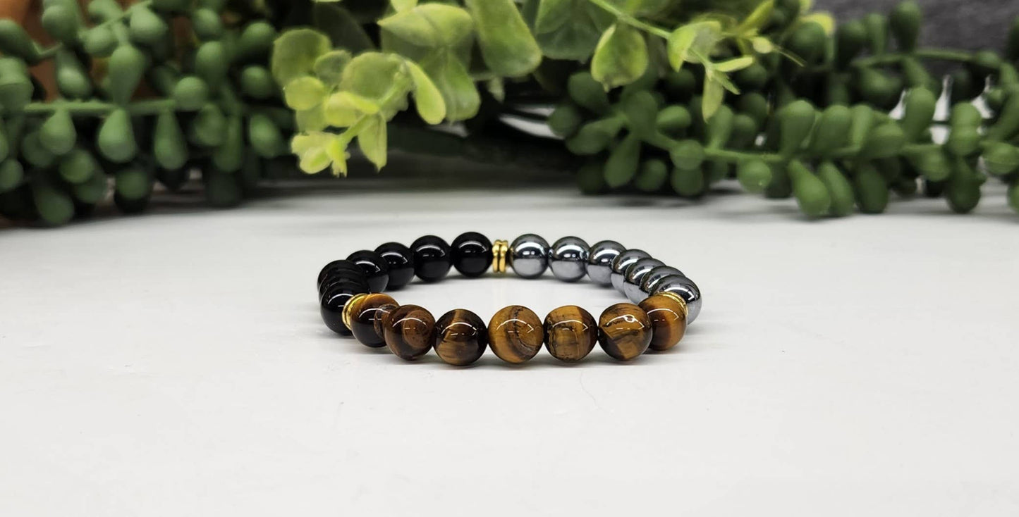 TRIPLE PROTECTION- Hematite/Tiger Eye/Blk Obsidian Bracelet