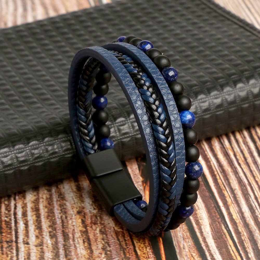 Gemstone Men's Leather Bracelets - 8 Pcs
