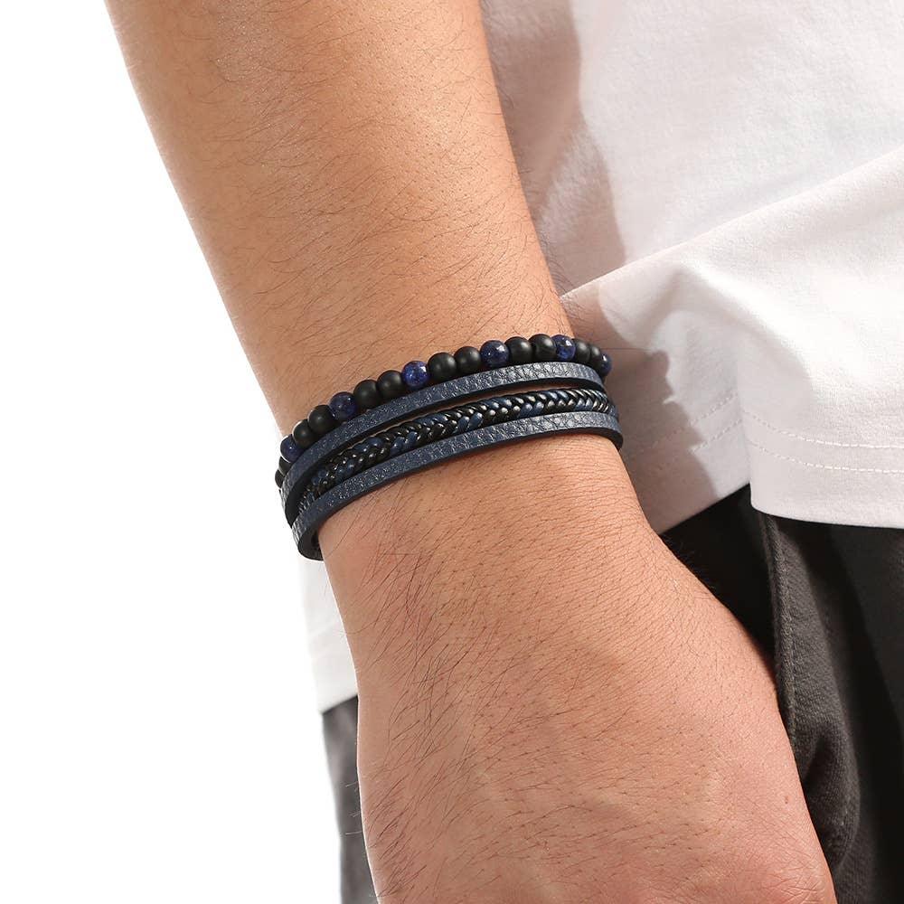 Gemstone Men's Leather Bracelets - 8 Pcs