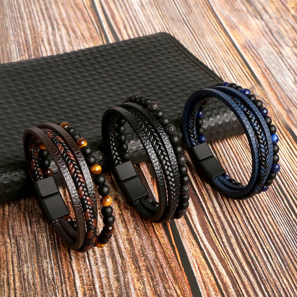Gemstone Men's Leather Bracelets - 8 Pcs