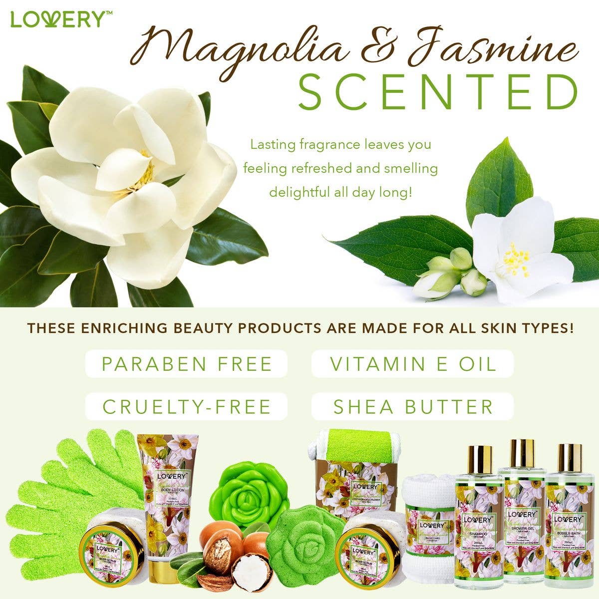 Home Spa Gift Baskets - Magnolia & Jasmine - 13pc Bath set