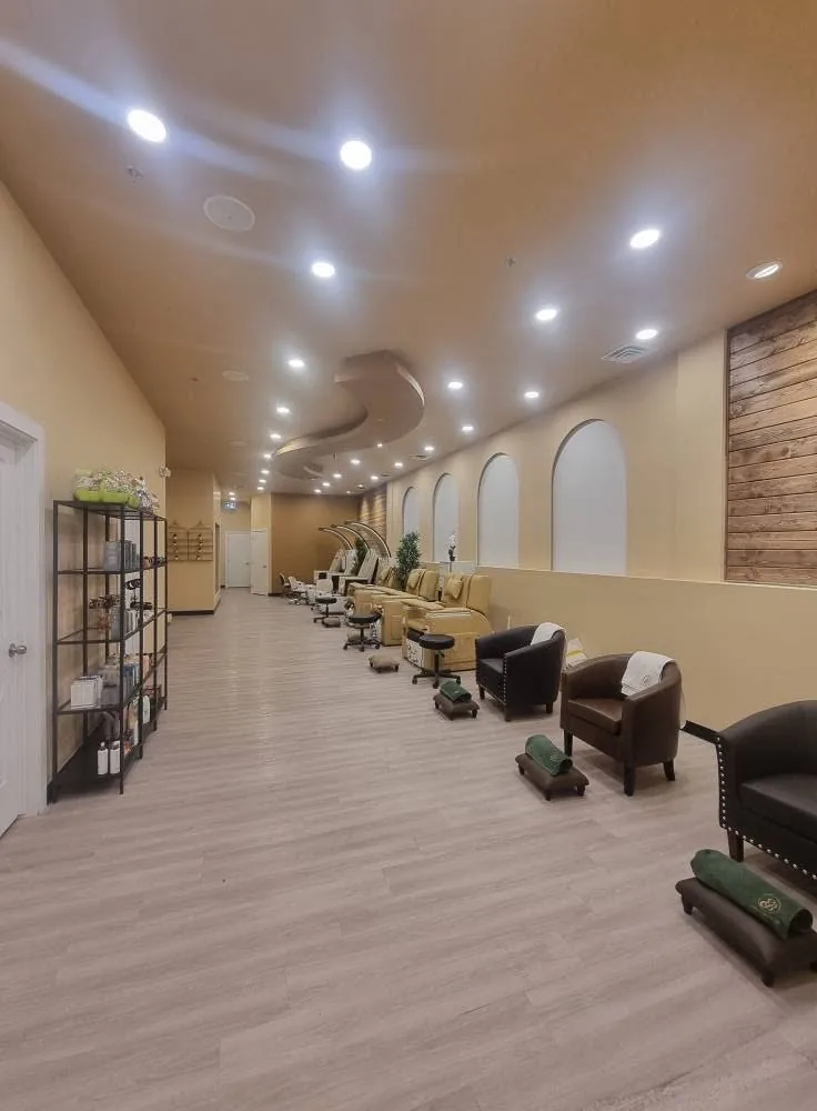 The luxury pedicure lounge with crescent spa chairs at Emerald Spa & Bistro in Sherwood Park